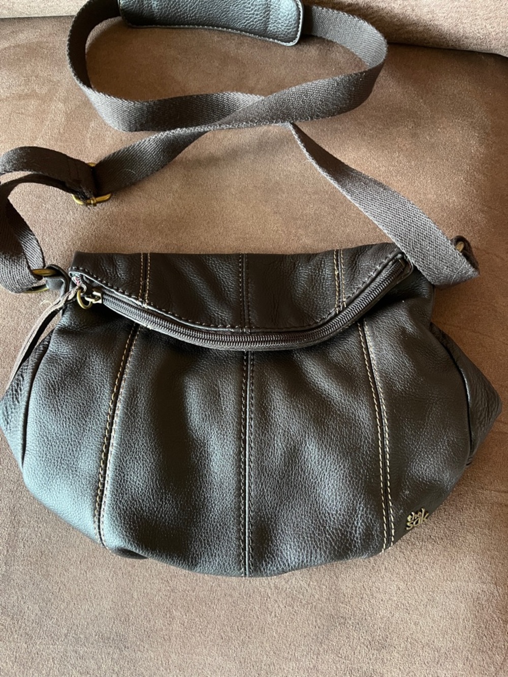 The Sak Dark Brown Leather Crossbody Bag with Canvas Strap